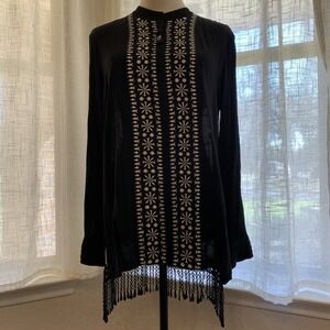 John Mark Sz S Black Floral Tribal Embroidered Button Tunic Lace Fringe Boho
